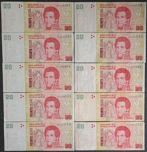 10 x Argentina 20 Pesos Banknotes