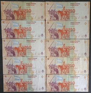 10 x Argentina 10 Pesos Banknotes