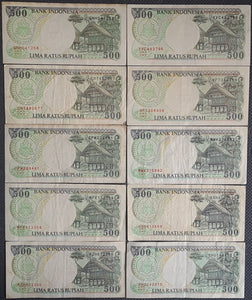 10 x Indonesia 500 Rupiah Banknotes