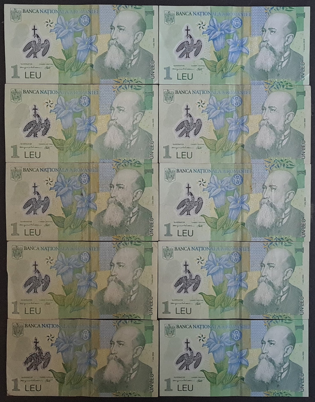 10 x Romania 1 Lei Banknotes