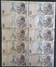 Load image into Gallery viewer, 10 x Turkey 5 Lira Banknotes
