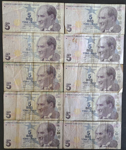 10 x Turkey 5 Lira Banknotes