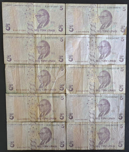 10 x Turkey 5 Lira Banknotes