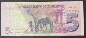 Zimbabwe Five Dollars Bond Note