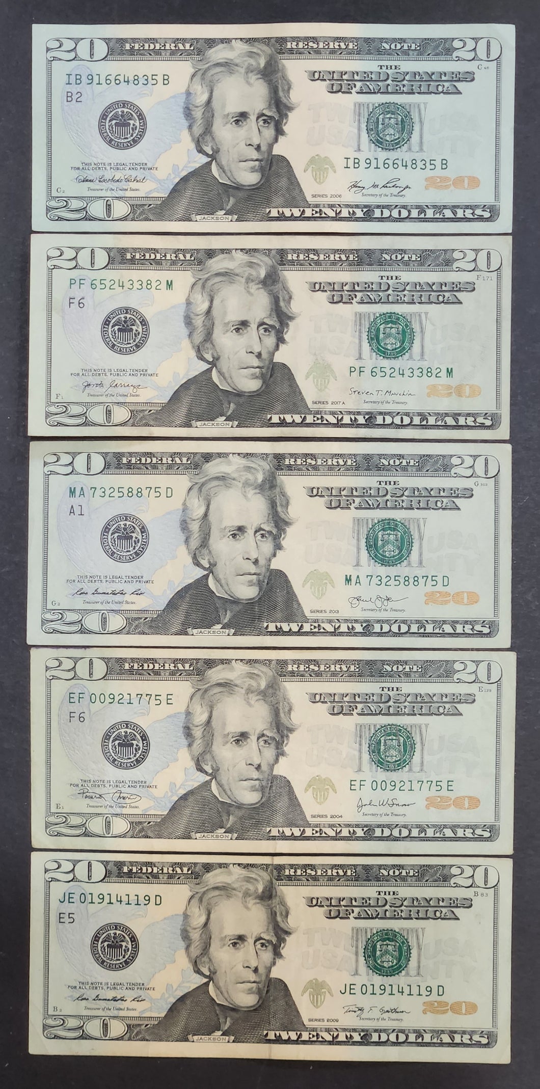 United States 5 Twenty Dollar Banknotes