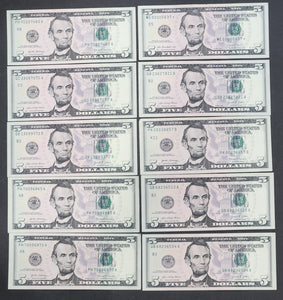 United States 10 Five Dollar Banknotes