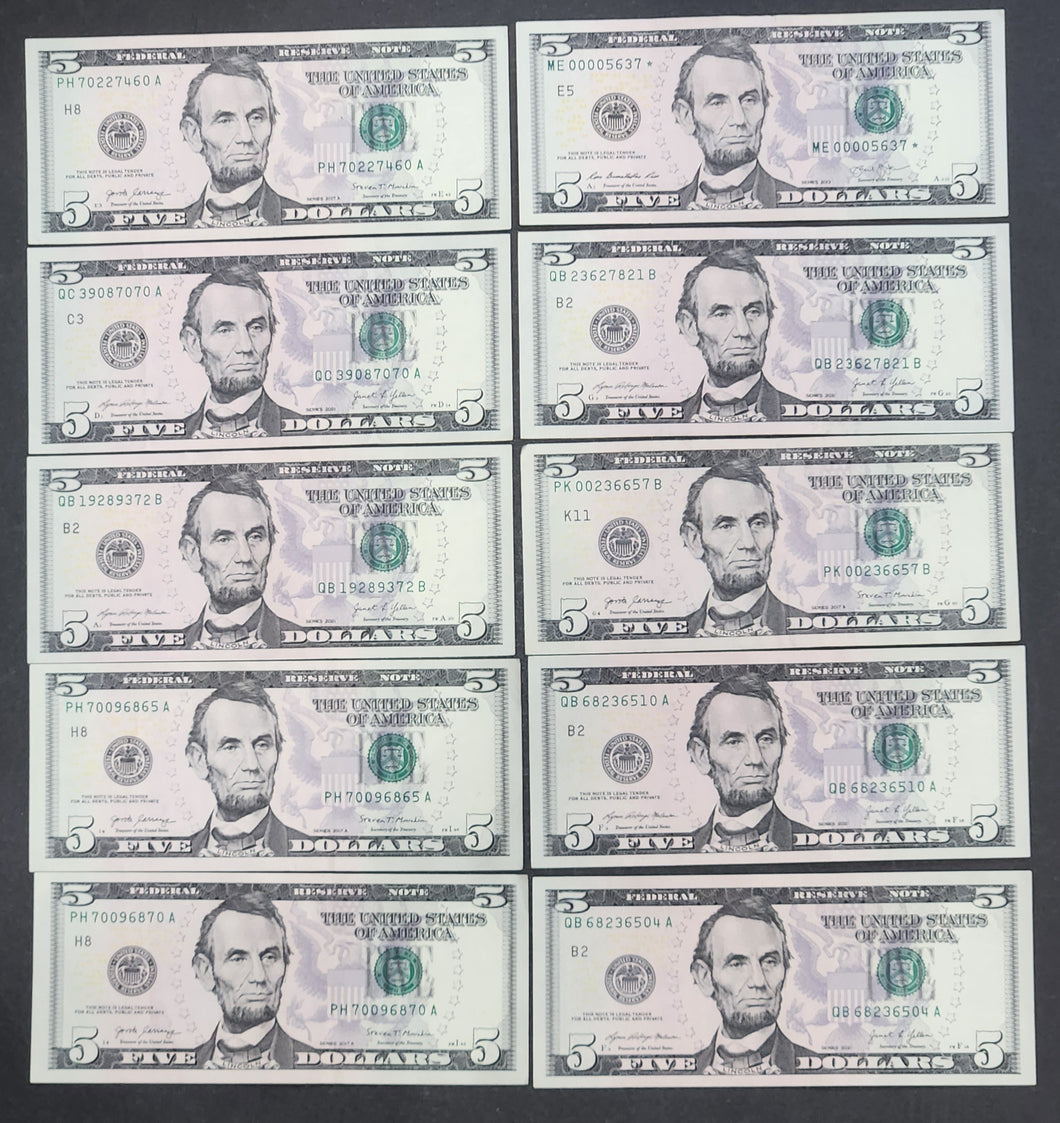 United States 10 Five Dollar Banknotes