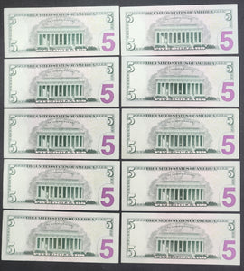 United States 10 Five Dollar Banknotes