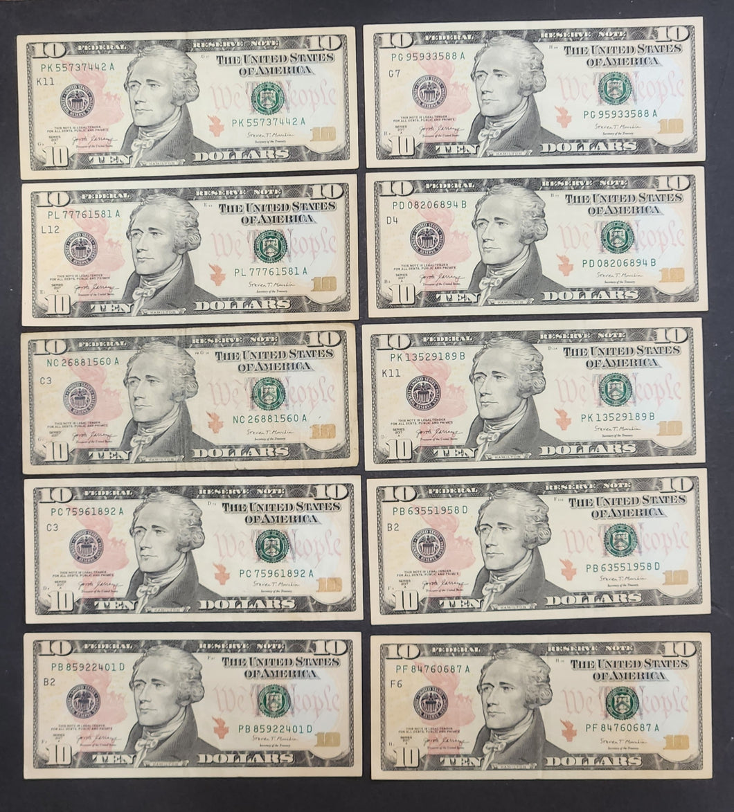 United States 10 Ten Dollar Banknotes