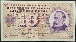 1969 Switzerland 10 Ten Francs Banknote Swiss National Bank Alfred Escher