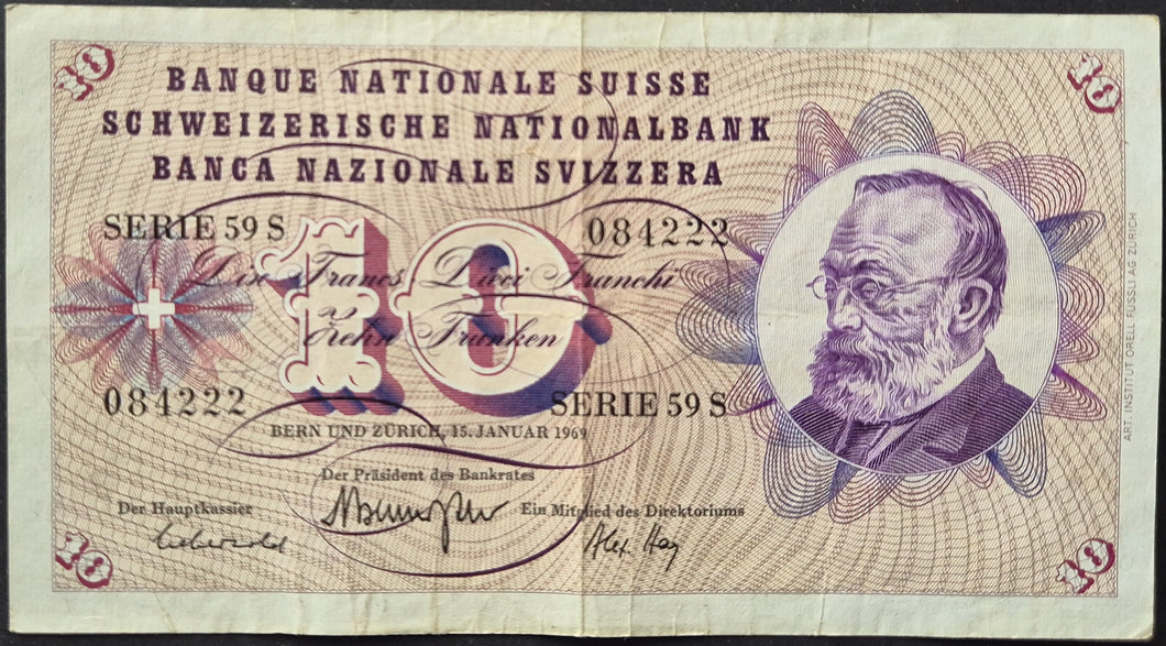 1969 Switzerland 10 Ten Francs Banknote Swiss National Bank Alfred Escher