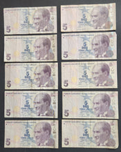 Load image into Gallery viewer, Turkey 5 Lira x 10 Banknotes (Purple)
