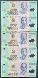 5 x Vietnam 500 000 Banknotes