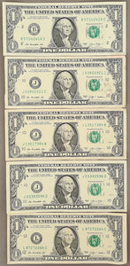 United States 5 One Dollar Banknotes