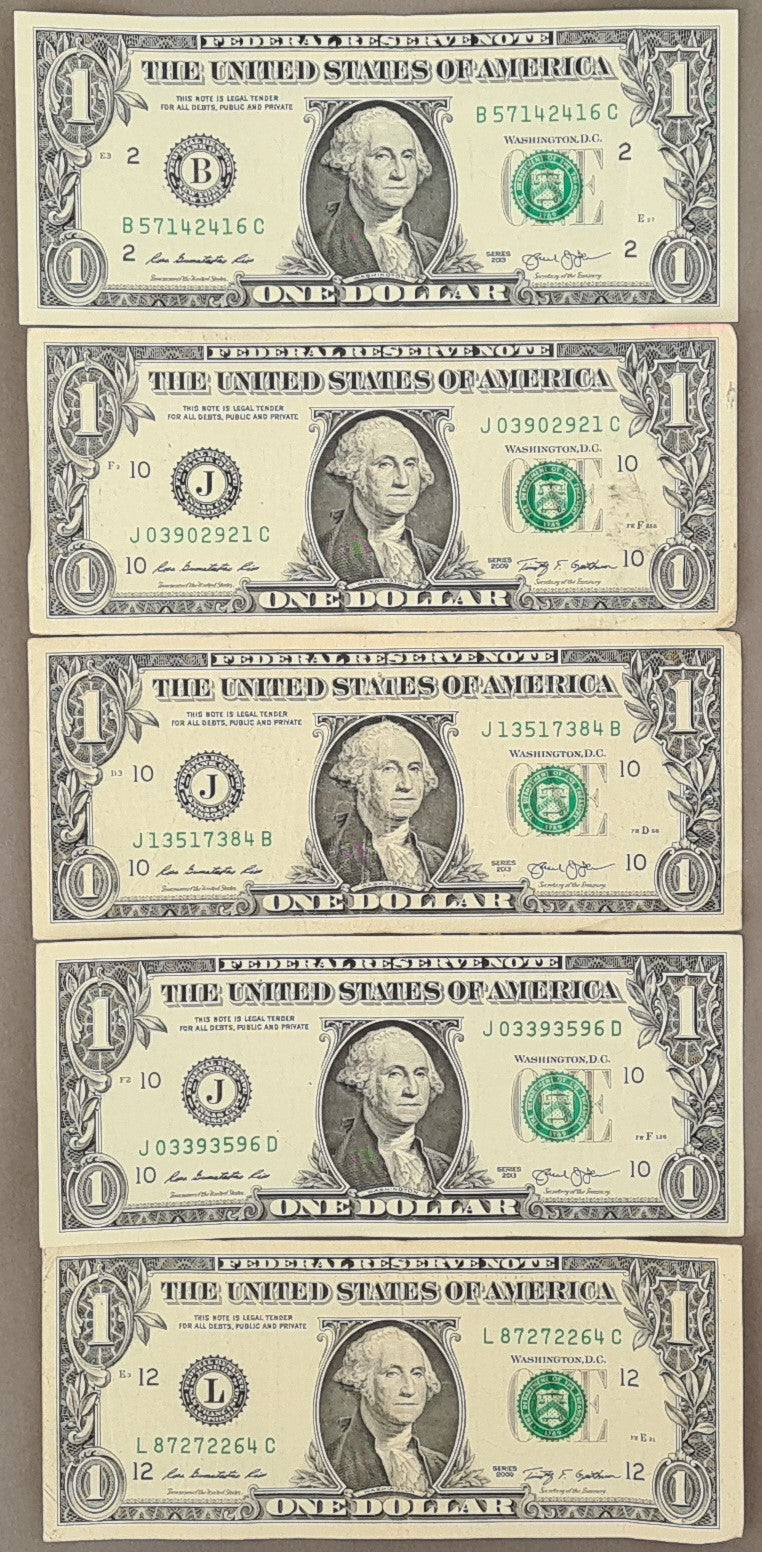 United States 5 One Dollar Banknotes