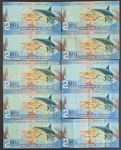 10 x Costa Rica 2,000 Colones Banknotes