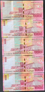 5 x Indonesia 100,000 Rupiah Banknotes