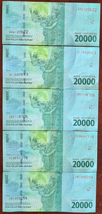 5 x Indonesia 20,000 Rupiah Banknotes