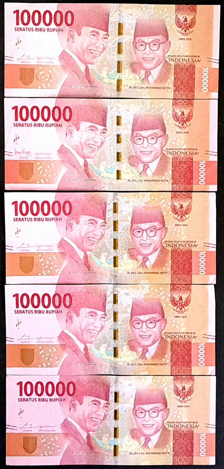 5 x Indonesia 100,000 Rupiah Banknotes